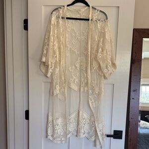 Adiva Long Sheer Ivory Lace Kimono Cover-Up